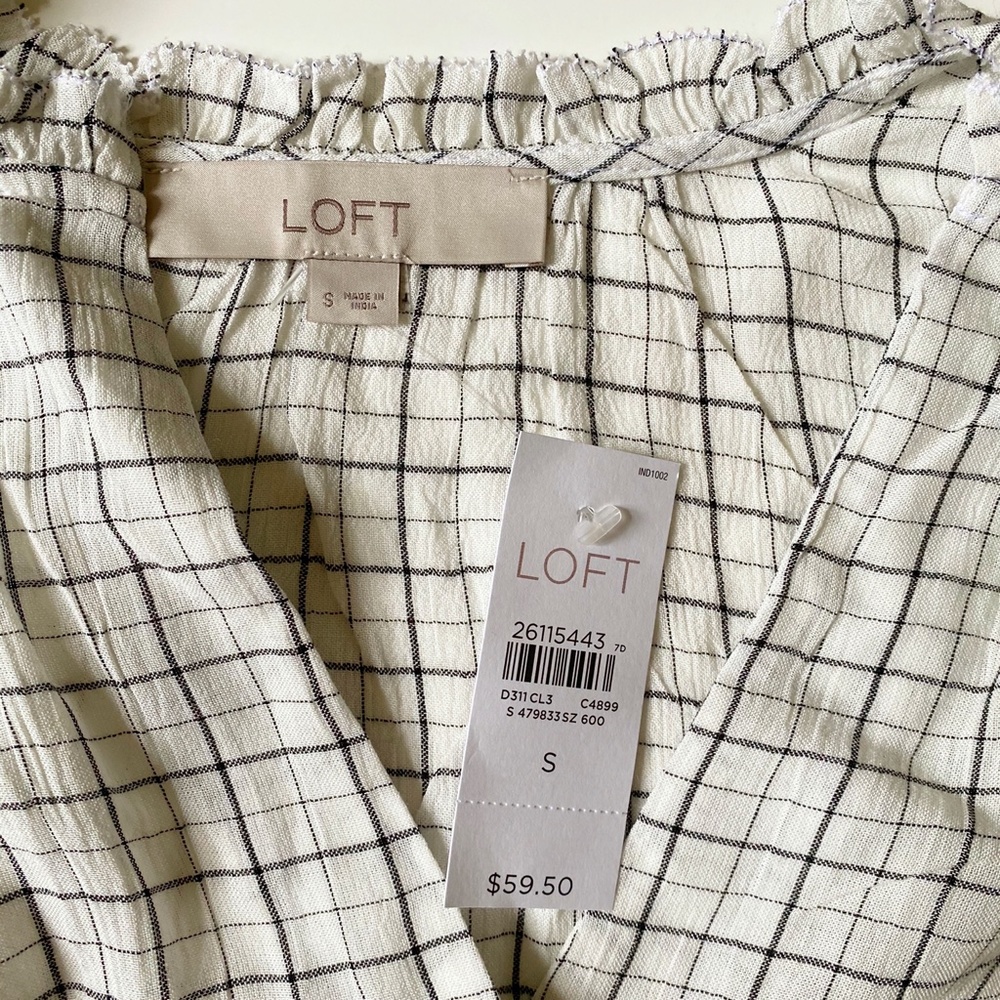 LOFT Plaid Ruffle Split Neck Blouse - Picture 8 of 9